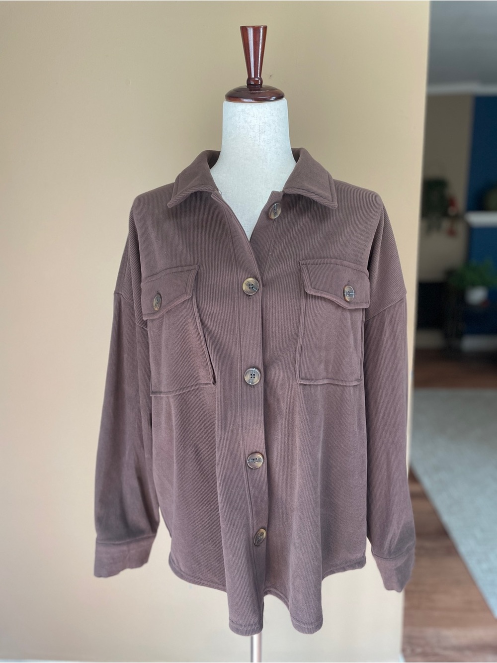 Hippie Rose Womens Corduroy-like Shacket Size Medium Brown Button Down NEW NWT